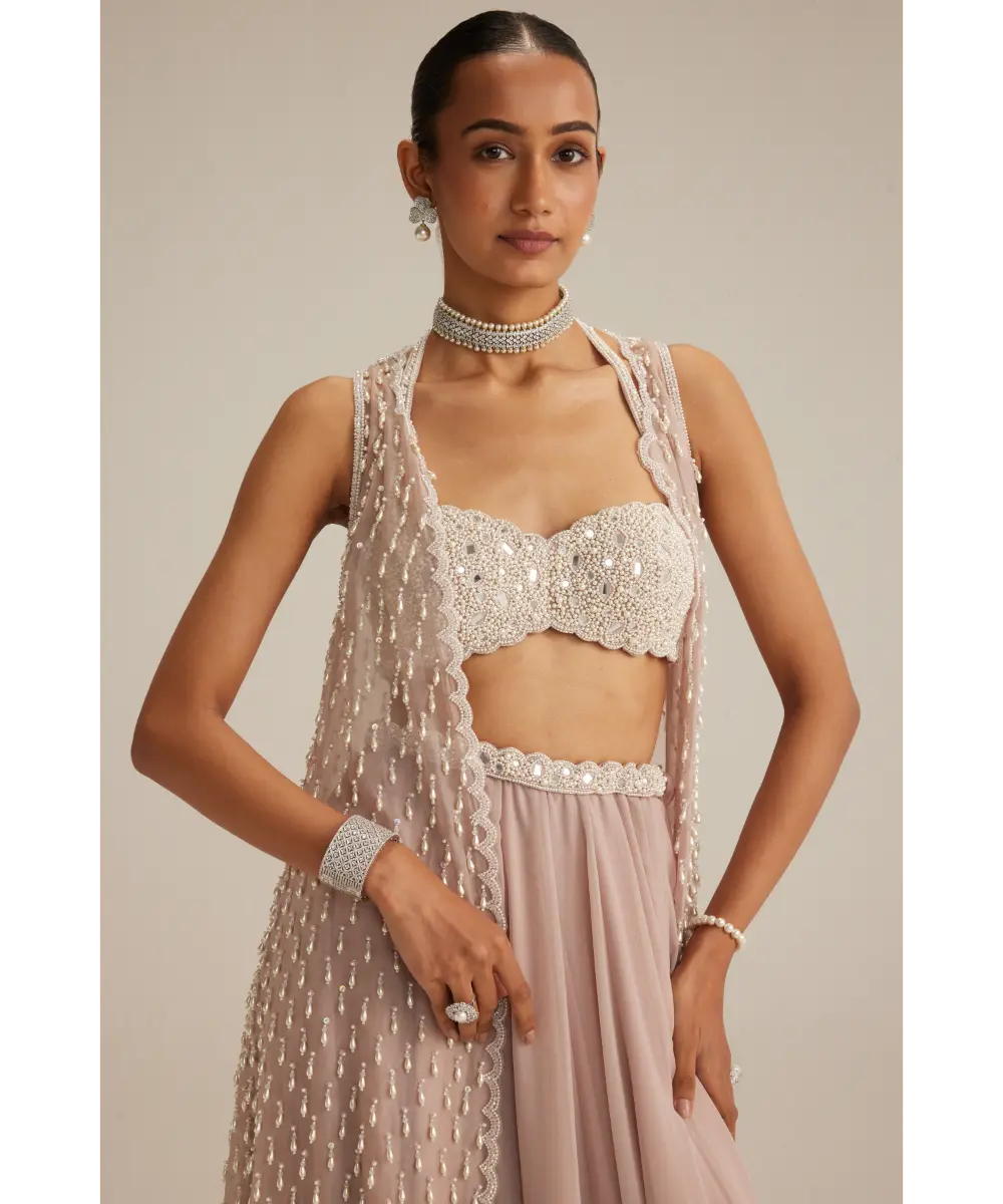 VVANI VATS- Ash Pink Pearl Drop Jacket Skirt Set